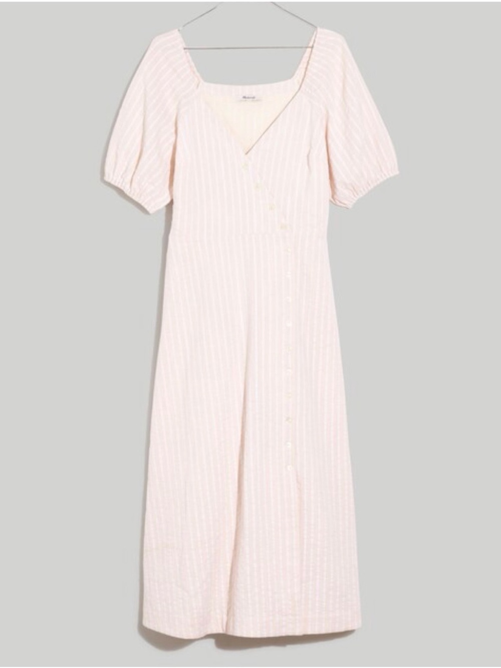 Madewell Soft Stripe Puff-Sleeve Midi Dress in Pale Pink